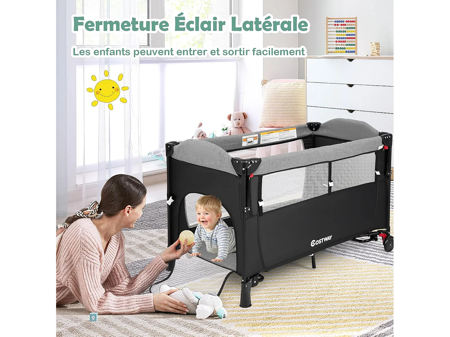 Lit parapluie bébé pliant 5 en 1 avec matelas,4 hauteurs d'accoudoir réglables