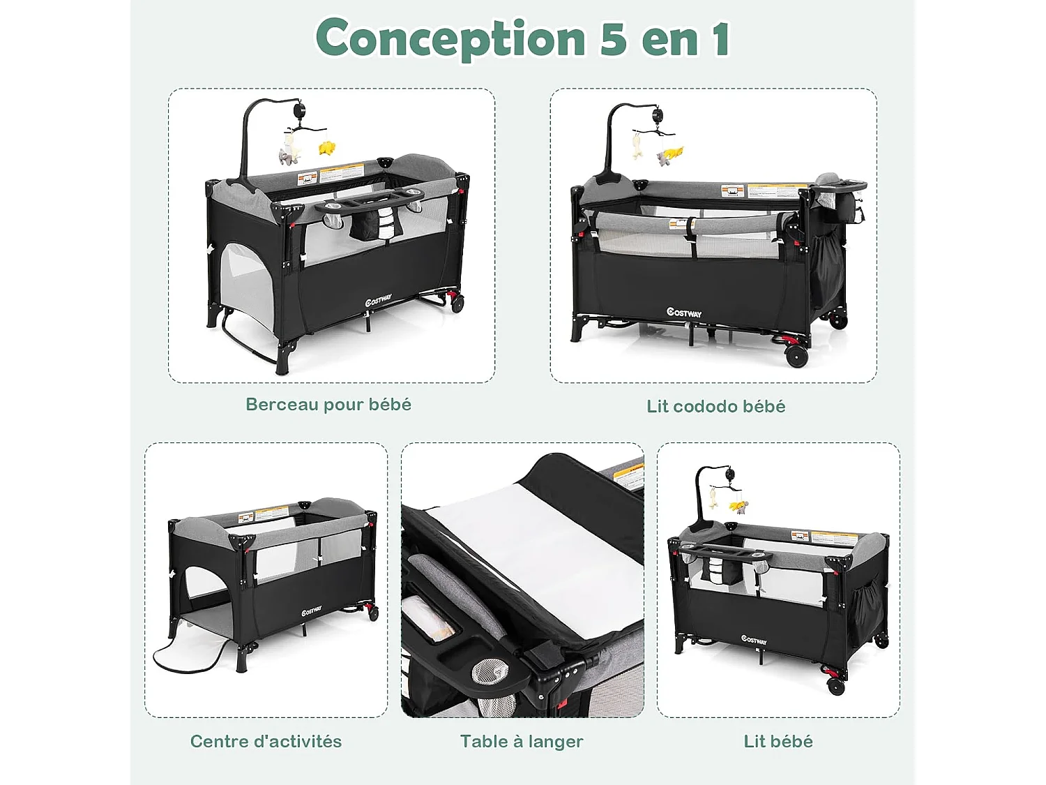 Lit parapluie bébé pliant 5 en 1 avec matelas,4 hauteurs d'accoudoir réglables