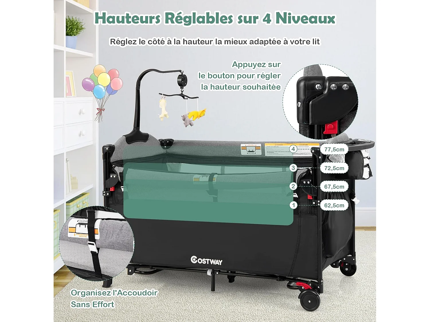 Lit parapluie bébé pliant 5 en 1 avec matelas,4 hauteurs d'accoudoir réglables