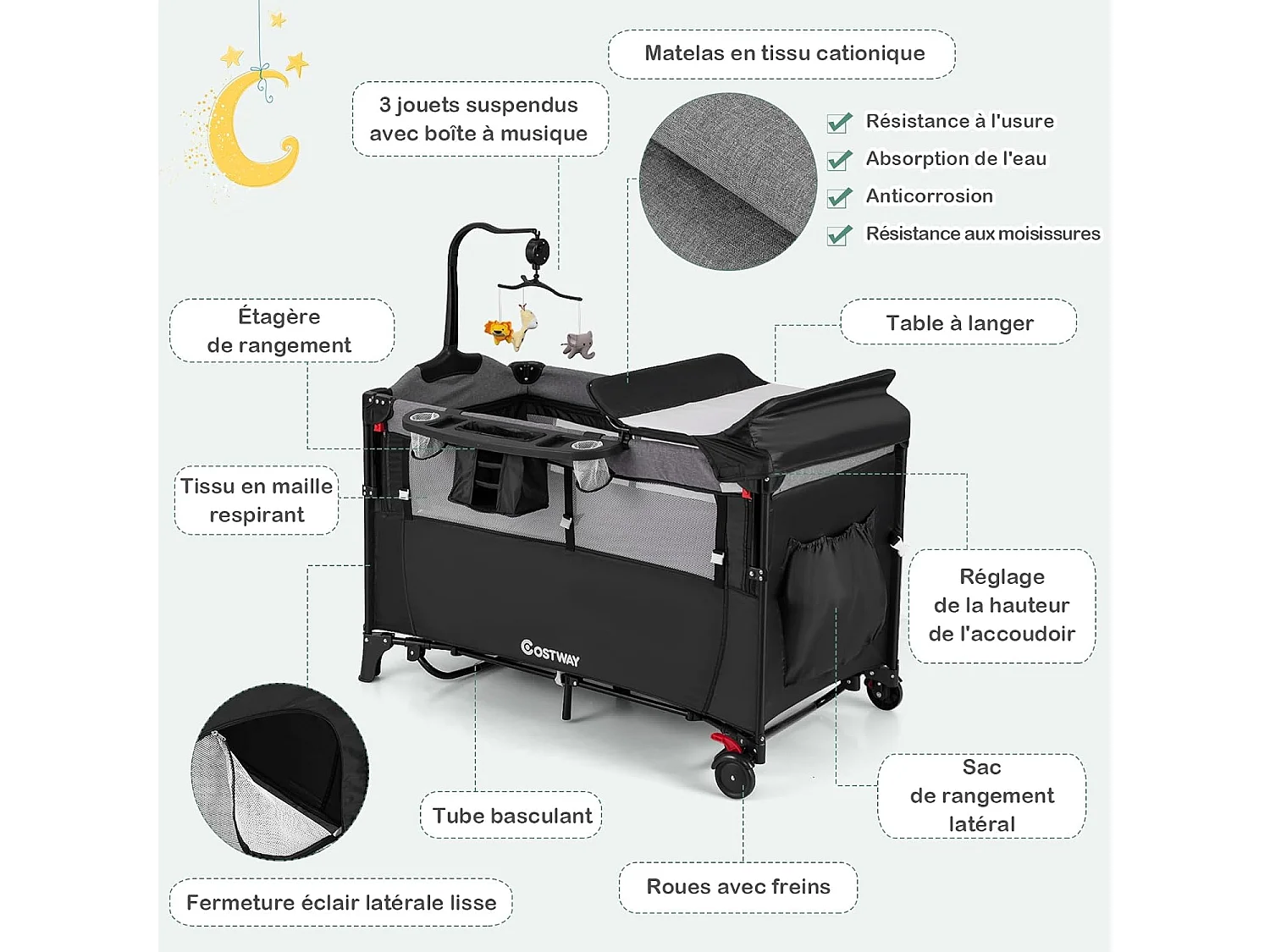 Lit parapluie bébé pliant 5 en 1 avec matelas,4 hauteurs d'accoudoir réglables