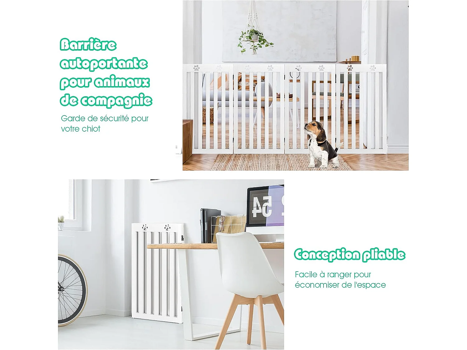 Barrière autoportante pour chien 4 panneaux en bois charnières ,sans perçage