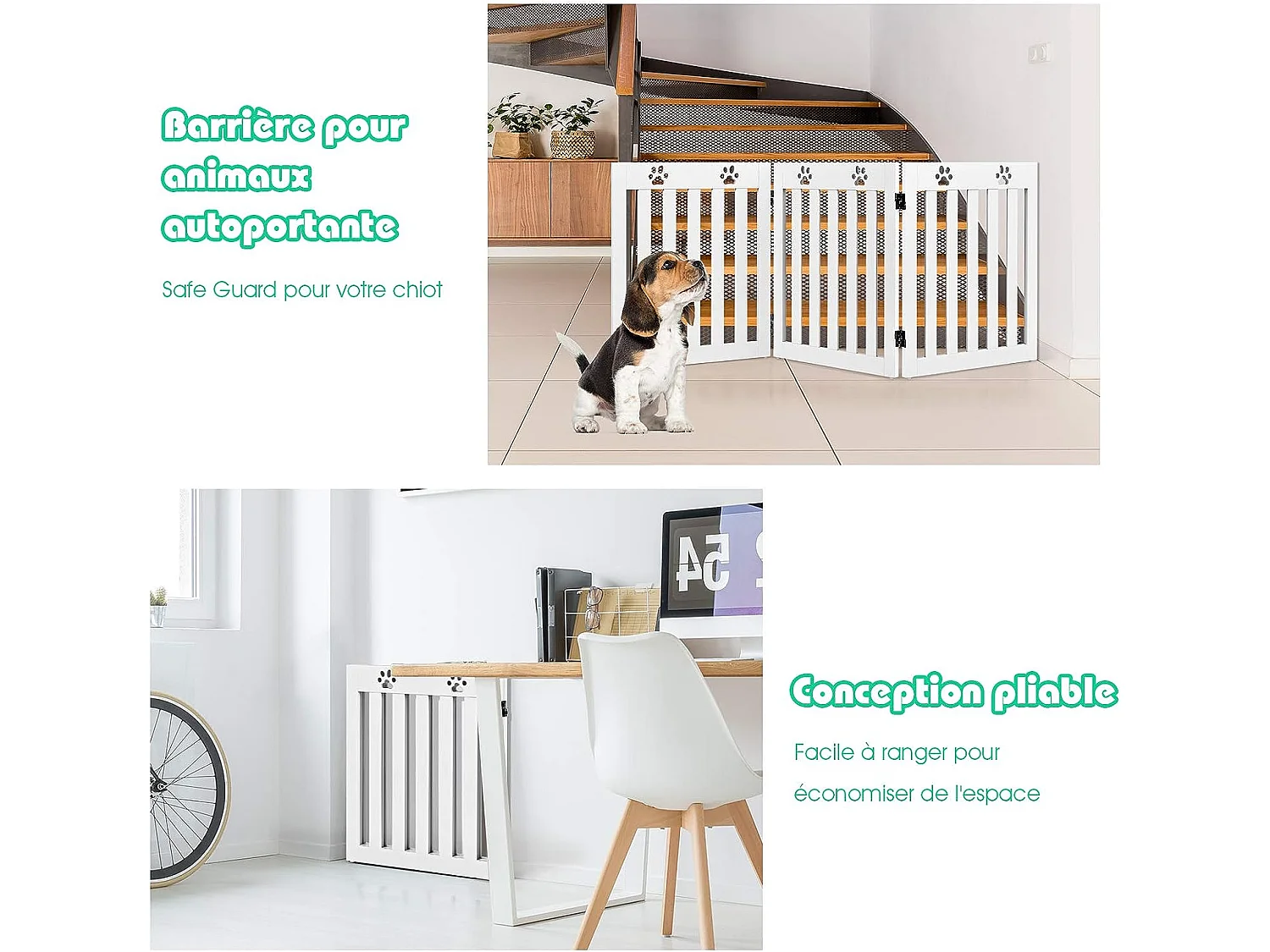 Barrière de sécurité en bois pour chiens avec charnières et 3 panneaux60cm