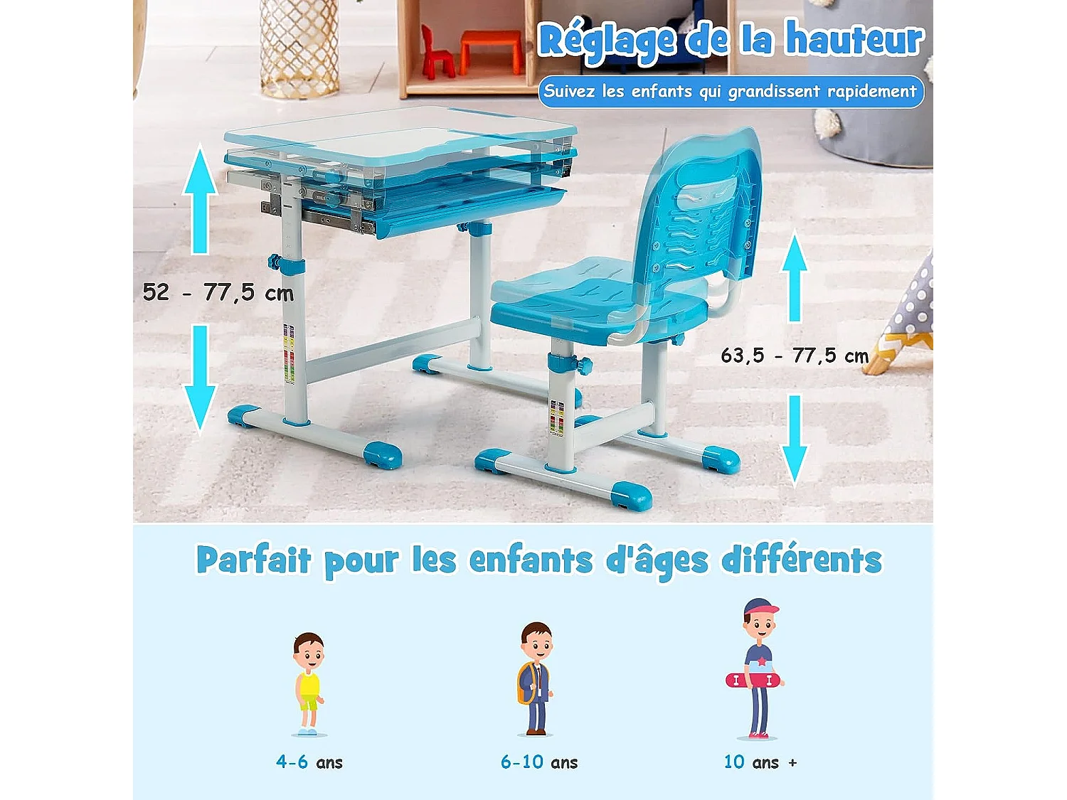Bureau Enfant à Hauteur Réglable Inclinable 0-45°, Ensemble Table et Chaise avec Plateau, 1 Tiroir et Crochet en Métal Bleu