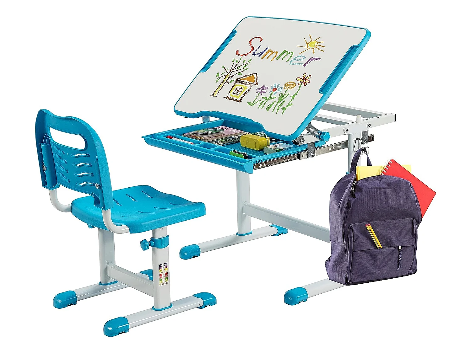 Bureau Enfant à Hauteur Réglable Inclinable 0-45°, Ensemble Table et Chaise avec Plateau, 1 Tiroir et Crochet en Métal Bleu