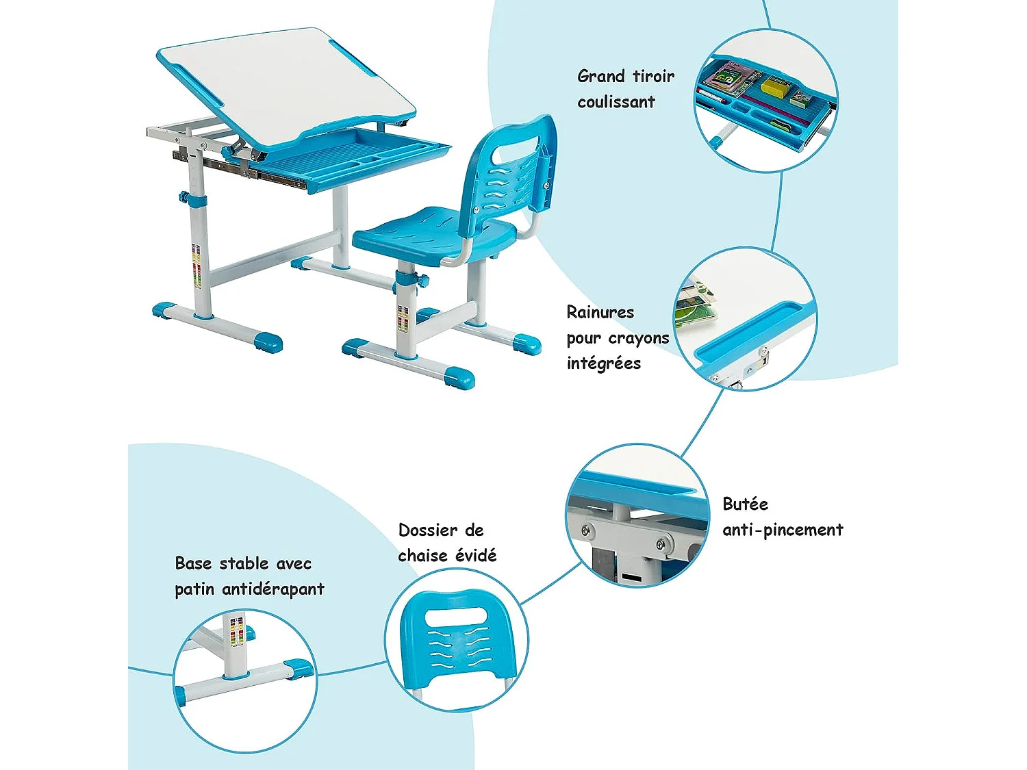 Bureau Enfant à Hauteur Réglable Inclinable 0-45°, Ensemble Table et Chaise avec Plateau, 1 Tiroir et Crochet en Métal Bleu