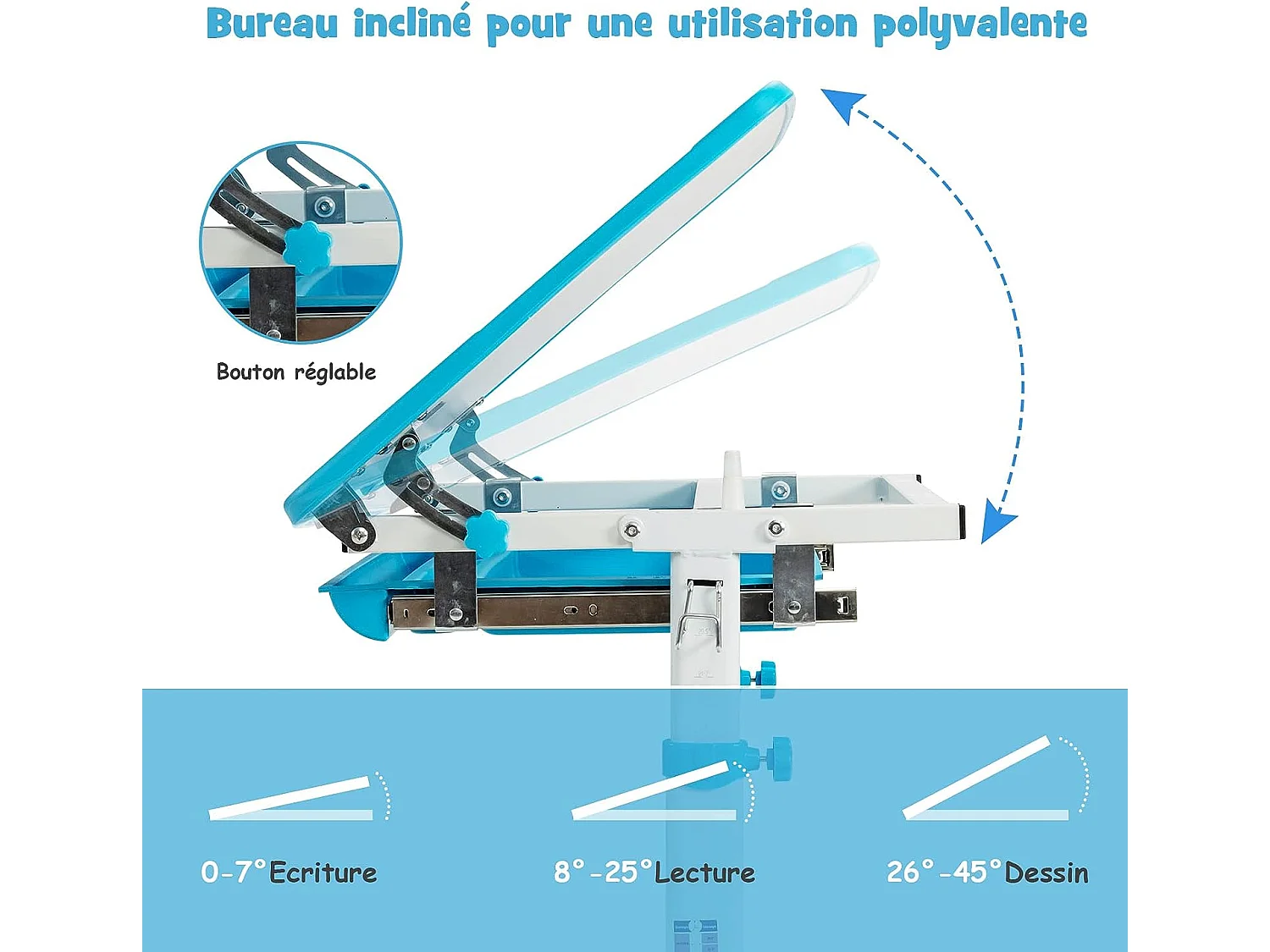 Bureau Enfant à Hauteur Réglable Inclinable 0-45°, Ensemble Table et Chaise avec Plateau, 1 Tiroir et Crochet en Métal Bleu
