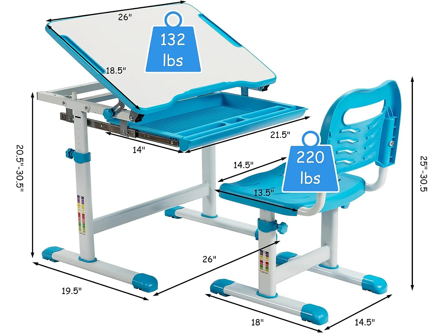 Bureau Enfant à Hauteur Réglable Inclinable 0-45°, Ensemble Table et Chaise avec Plateau, 1 Tiroir et Crochet en Métal Bleu