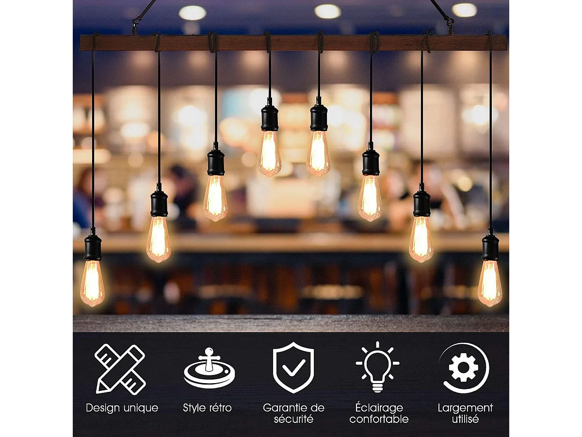 8 Lampes suspension luminaire pour ampoule e27 design industriel avec support en barre luminaire