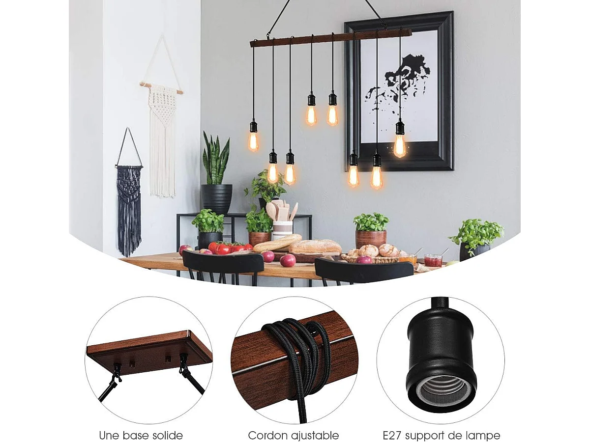 8 Lampes suspension luminaire pour ampoule e27 design industriel avec support en barre luminaire