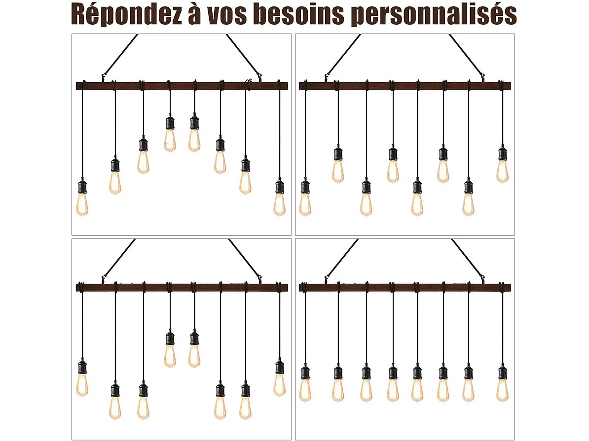 8 Lampes suspension luminaire pour ampoule e27 design industriel avec support en barre luminaire