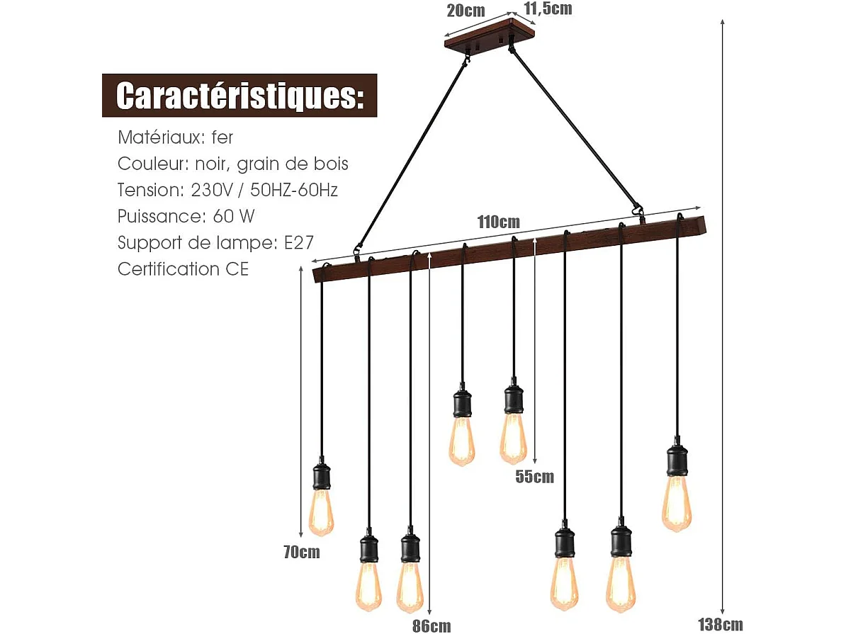 8 Lampes suspension luminaire pour ampoule e27 design industriel avec support en barre luminaire