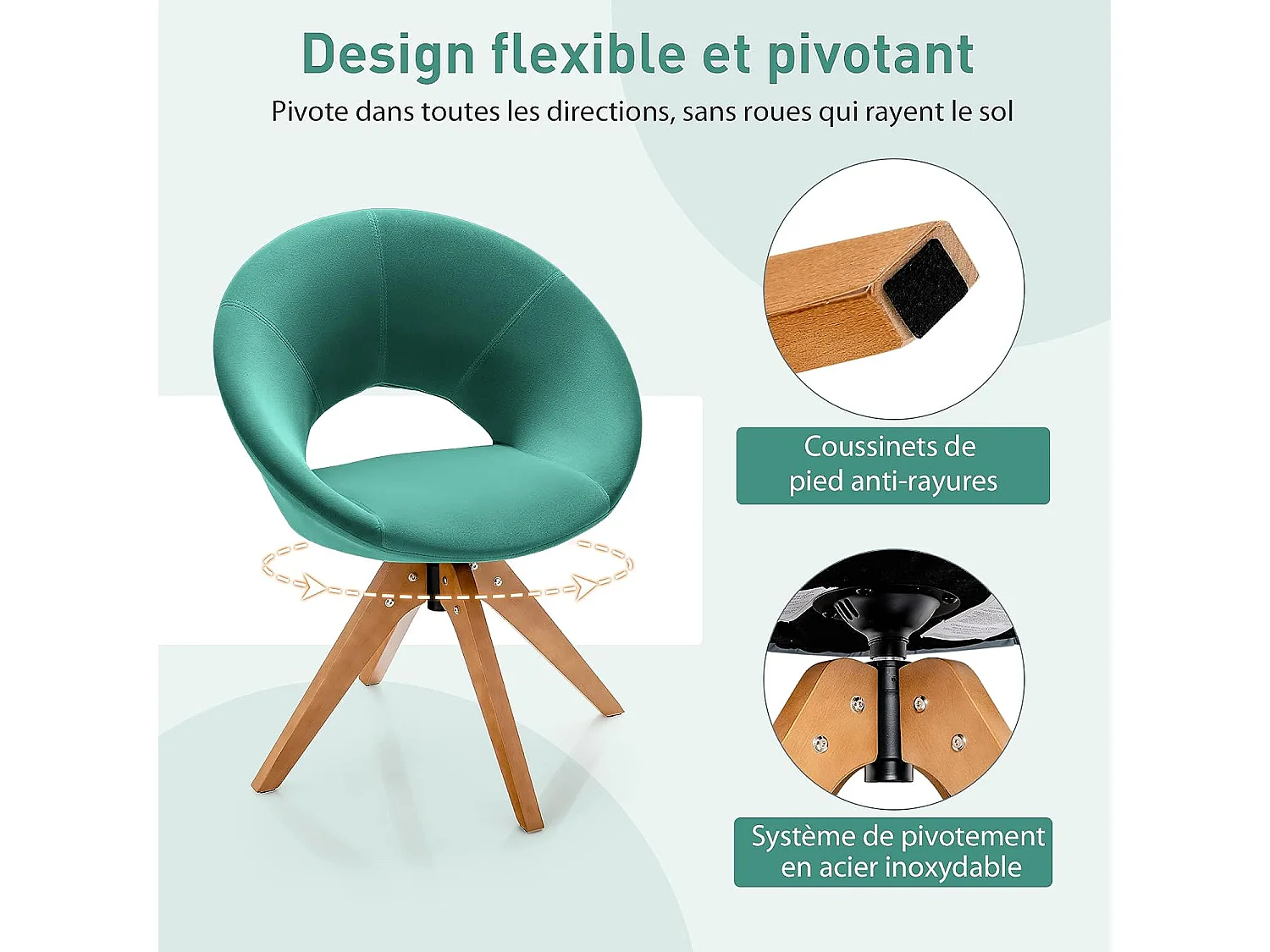 Fauteuil en Tissu/Chaise Pivotante Moderne avec Pieds en Bois Massif et Siège Moelleux, pour Salon/Bureau et Chambre Vert