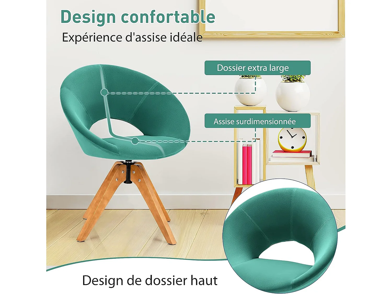 Fauteuil en Tissu/Chaise Pivotante Moderne avec Pieds en Bois Massif et Siège Moelleux, pour Salon/Bureau et Chambre Vert