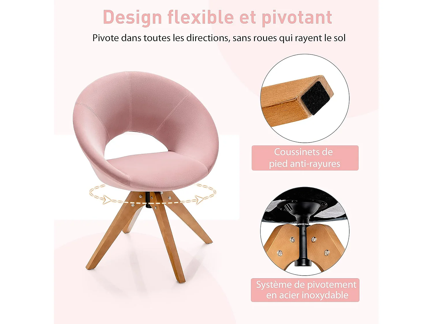 Fauteuil en Tissu/Chaise Pivotante Moderne avec Pieds en Bois Massif et Siège Moelleux, pour Salon/Bureau et Chambre Rose