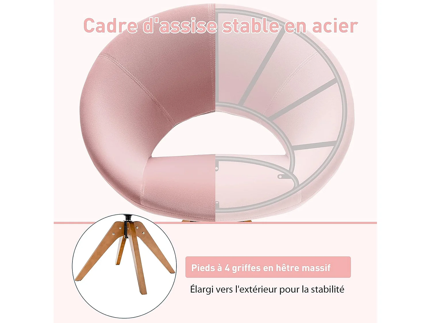 Fauteuil en Tissu/Chaise Pivotante Moderne avec Pieds en Bois Massif et Siège Moelleux, pour Salon/Bureau et Chambre Rose