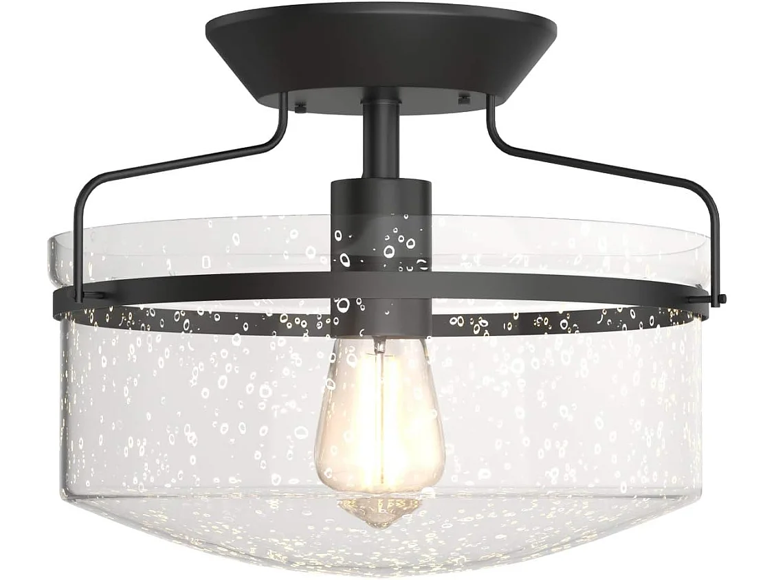 Plafonnier industriel avec abat-jour en verre bullé socle métallique lustre  (ampoule non-incluse)
