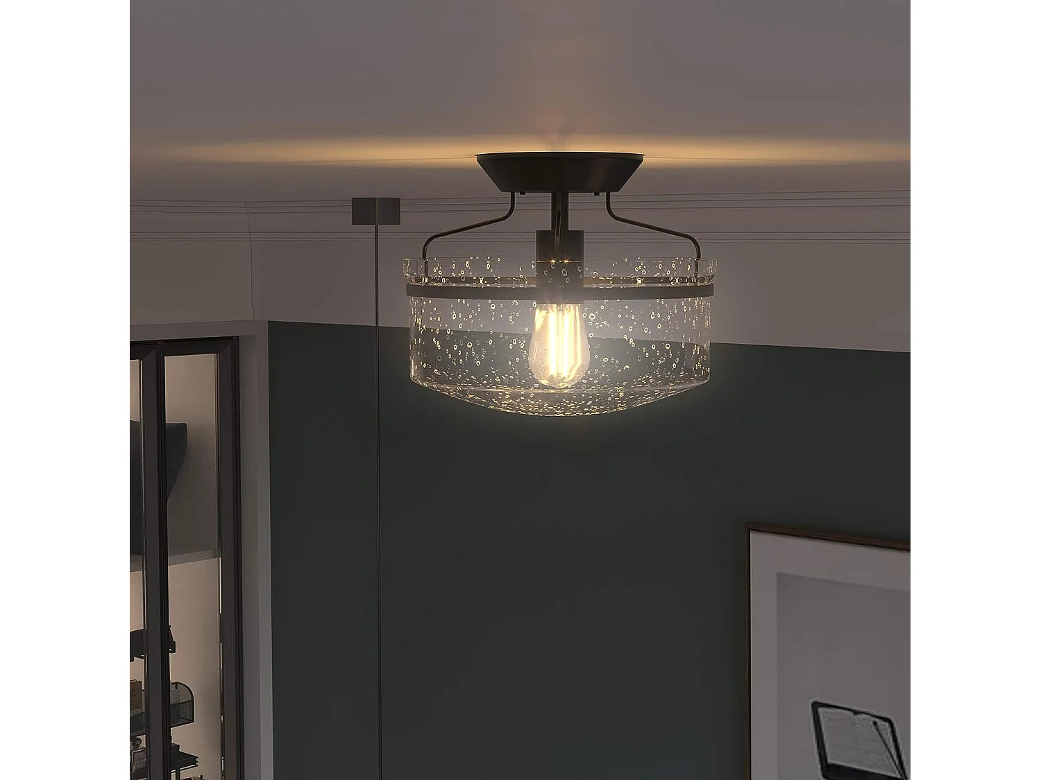 Plafonnier industriel avec abat-jour en verre bullé socle métallique lustre  (ampoule non-incluse)