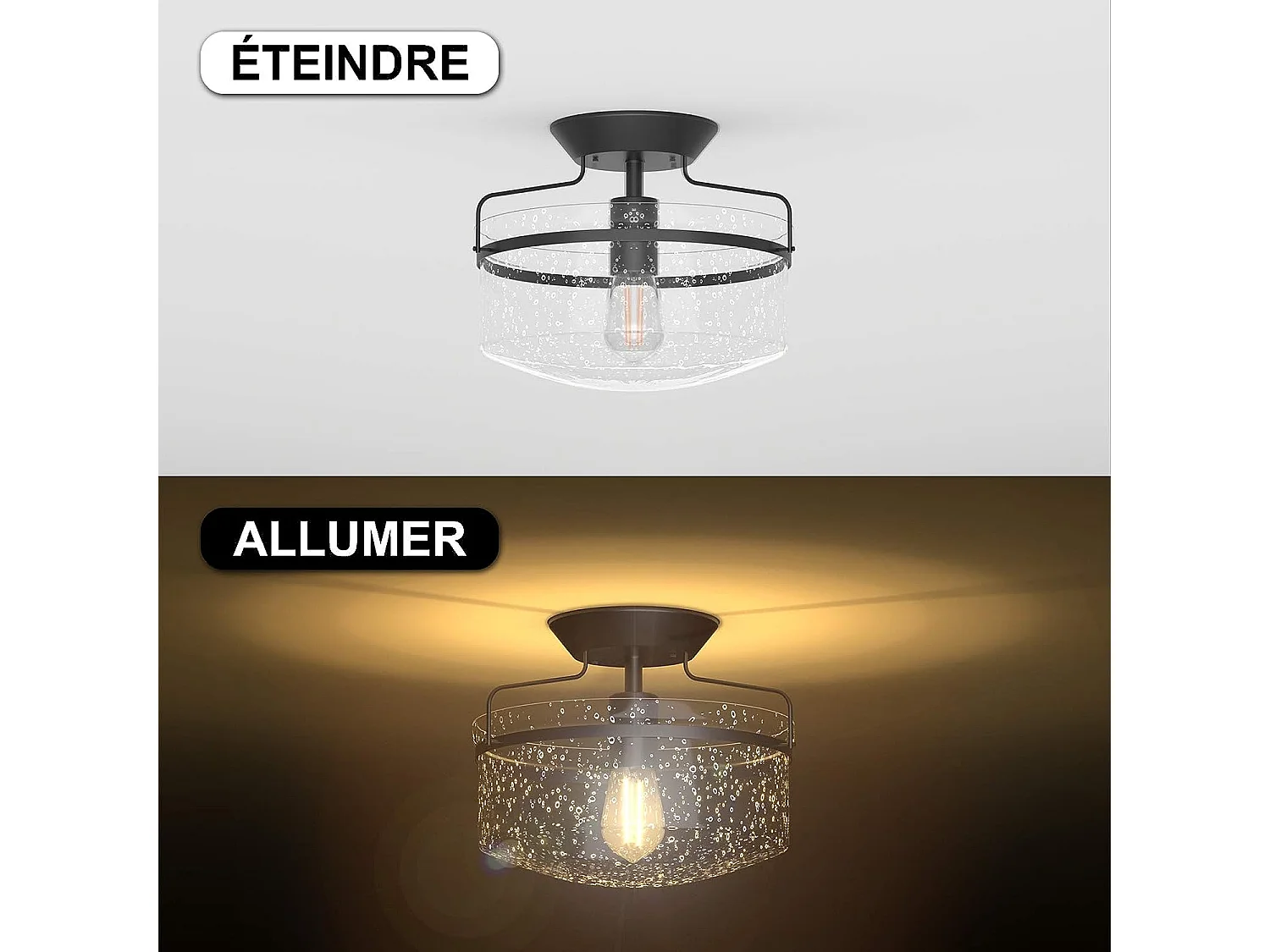 Plafonnier industriel avec abat-jour en verre bullé socle métallique lustre  (ampoule non-incluse)