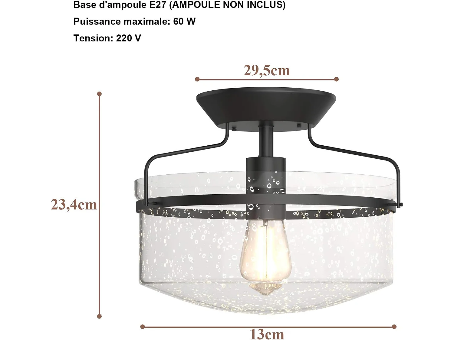 Plafonnier industriel avec abat-jour en verre bullé socle métallique lustre  (ampoule non-incluse)