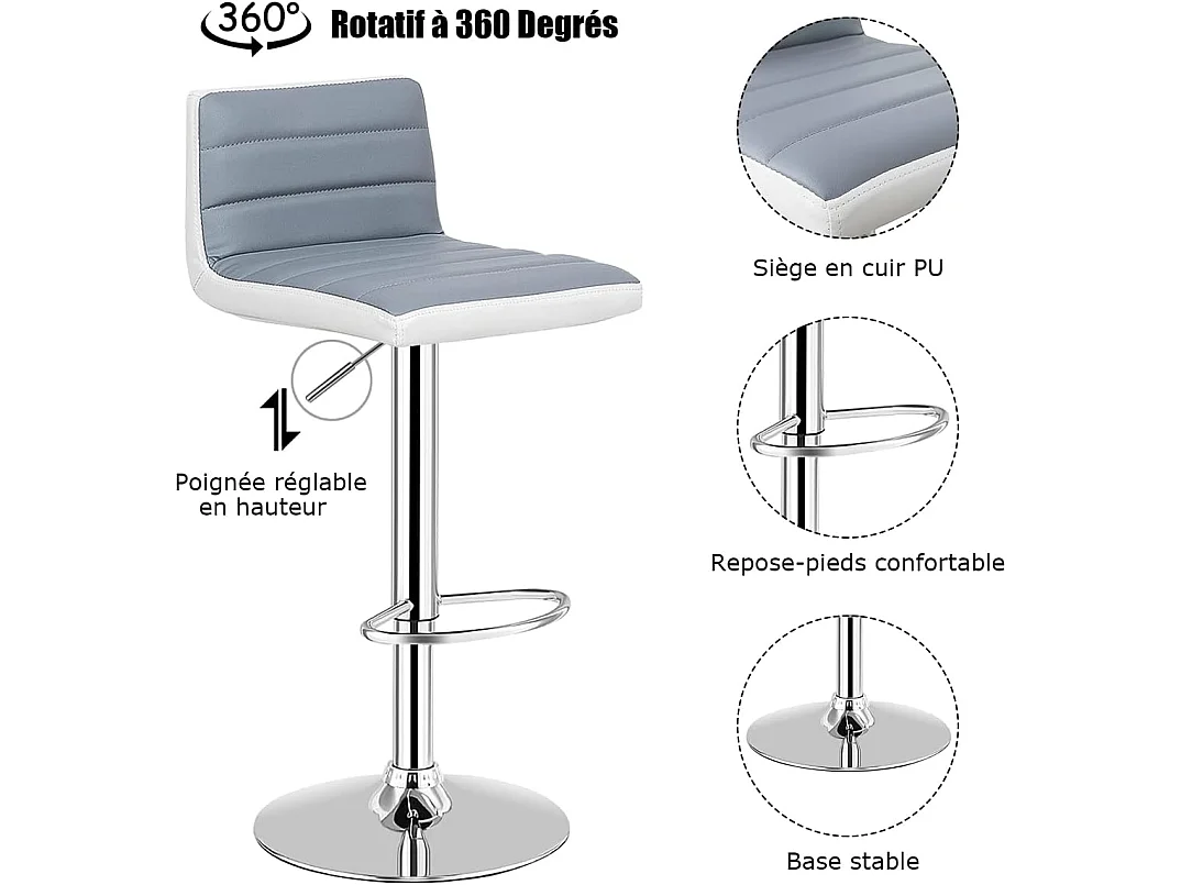 2 Tabourets de bar rotatif sur 360°, en acier + éponge + pu, hauteur réglable 78-98 cm