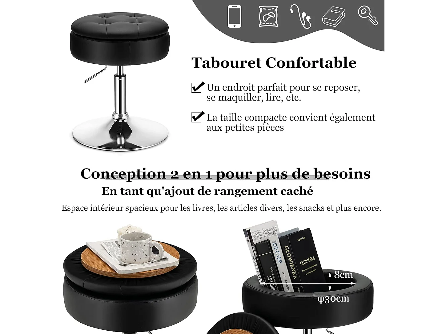 Tabouret de bar similicuir pivotante à 360° hauteur réglable 51-66 cm