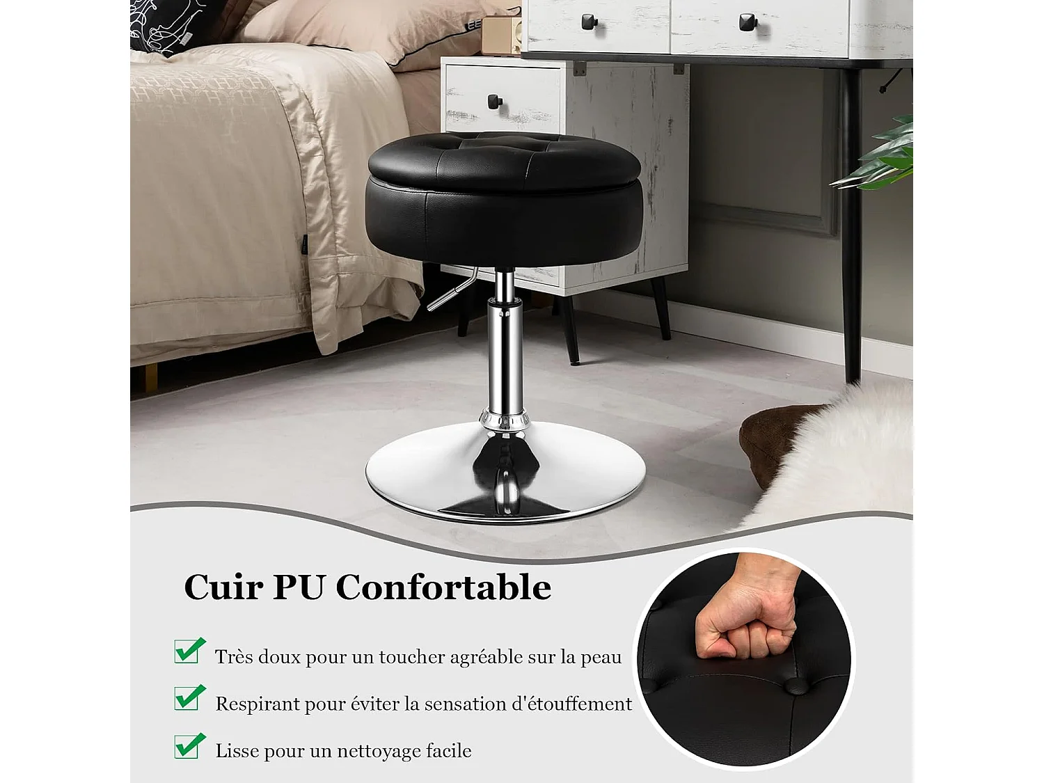 Tabouret de bar similicuir pivotante à 360° hauteur réglable 51-66 cm