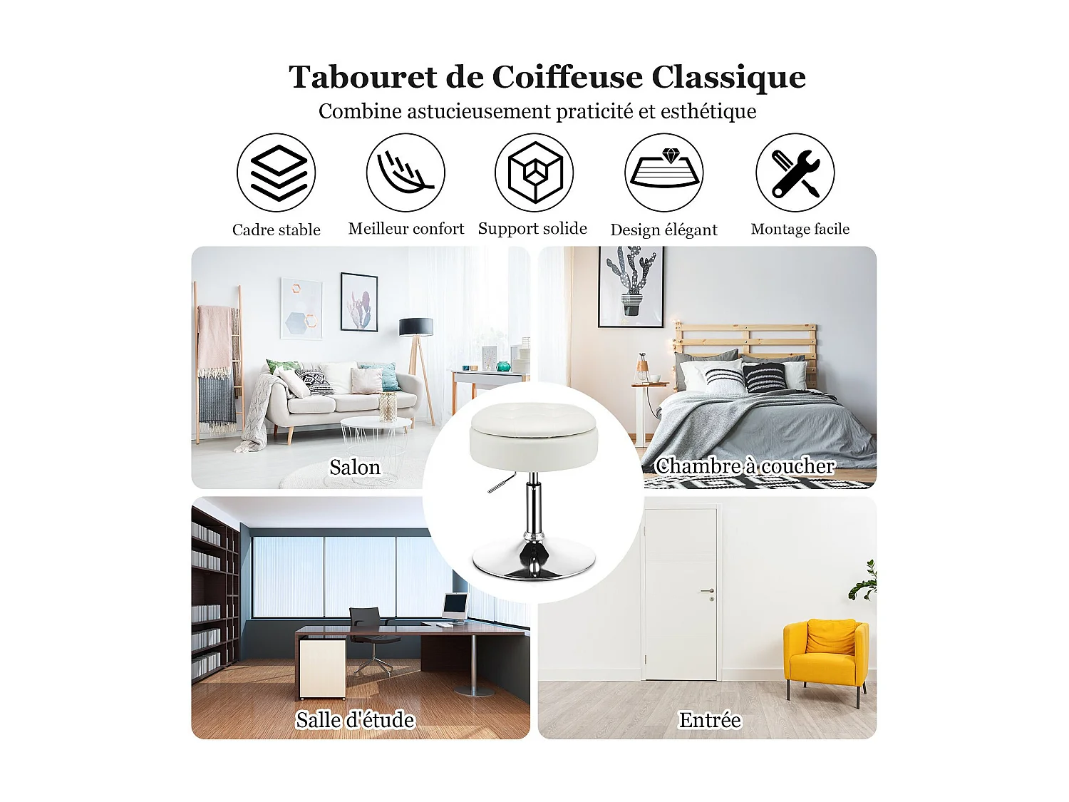 Tabouret de bar similicuir pivotante à 360° hauteur réglable 51-66 cm