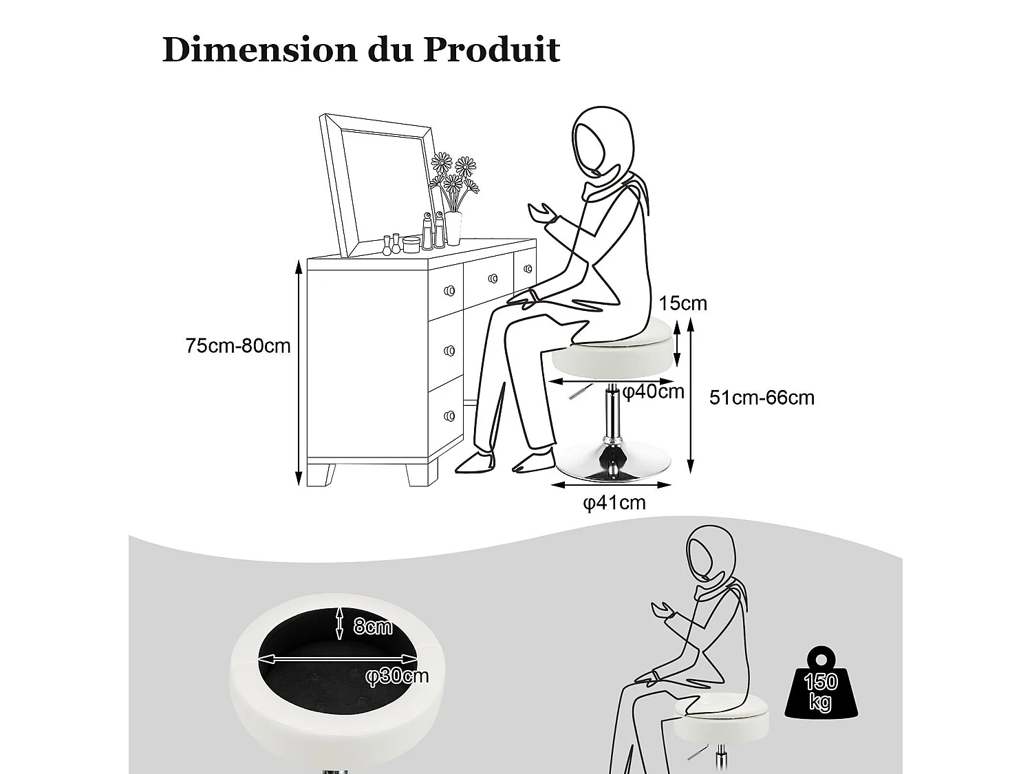 Tabouret de bar similicuir pivotante à 360° hauteur réglable 51-66 cm