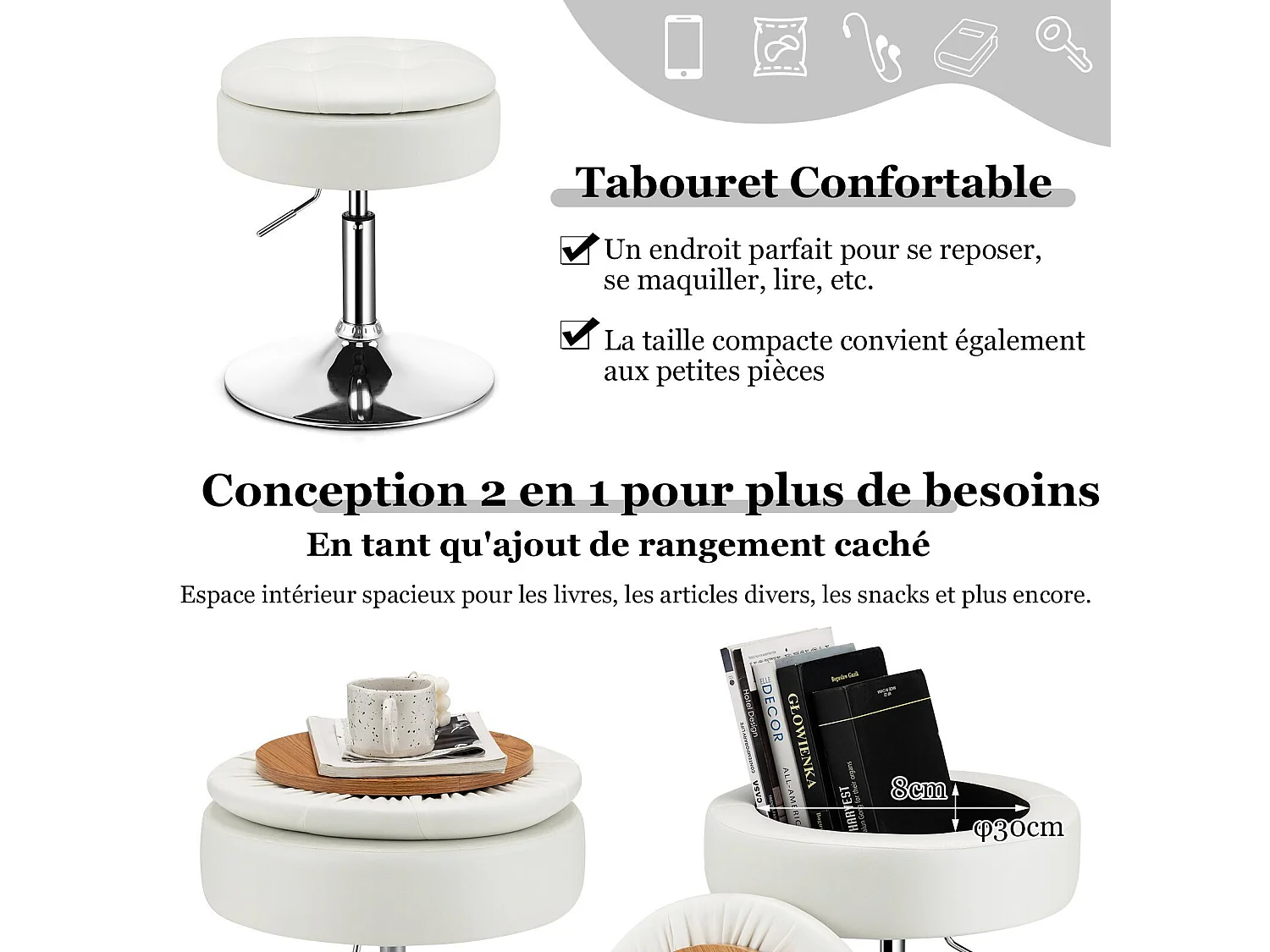 Tabouret de bar similicuir pivotante à 360° hauteur réglable 51-66 cm