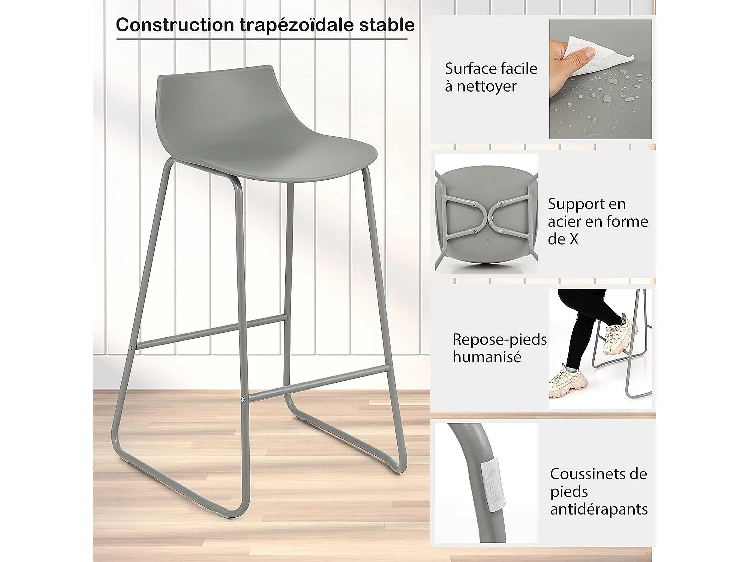 Tabouret de bar lot de 2 avec repose-pieds cadre en métal, chaise de bar style moderne siège en pp
