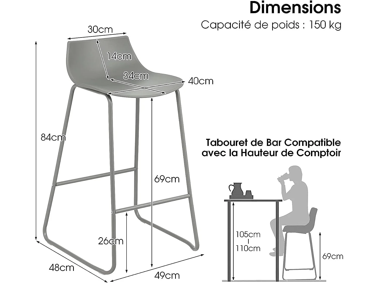 Tabouret de bar lot de 2 avec repose-pieds cadre en métal, chaise de bar style moderne siège en pp