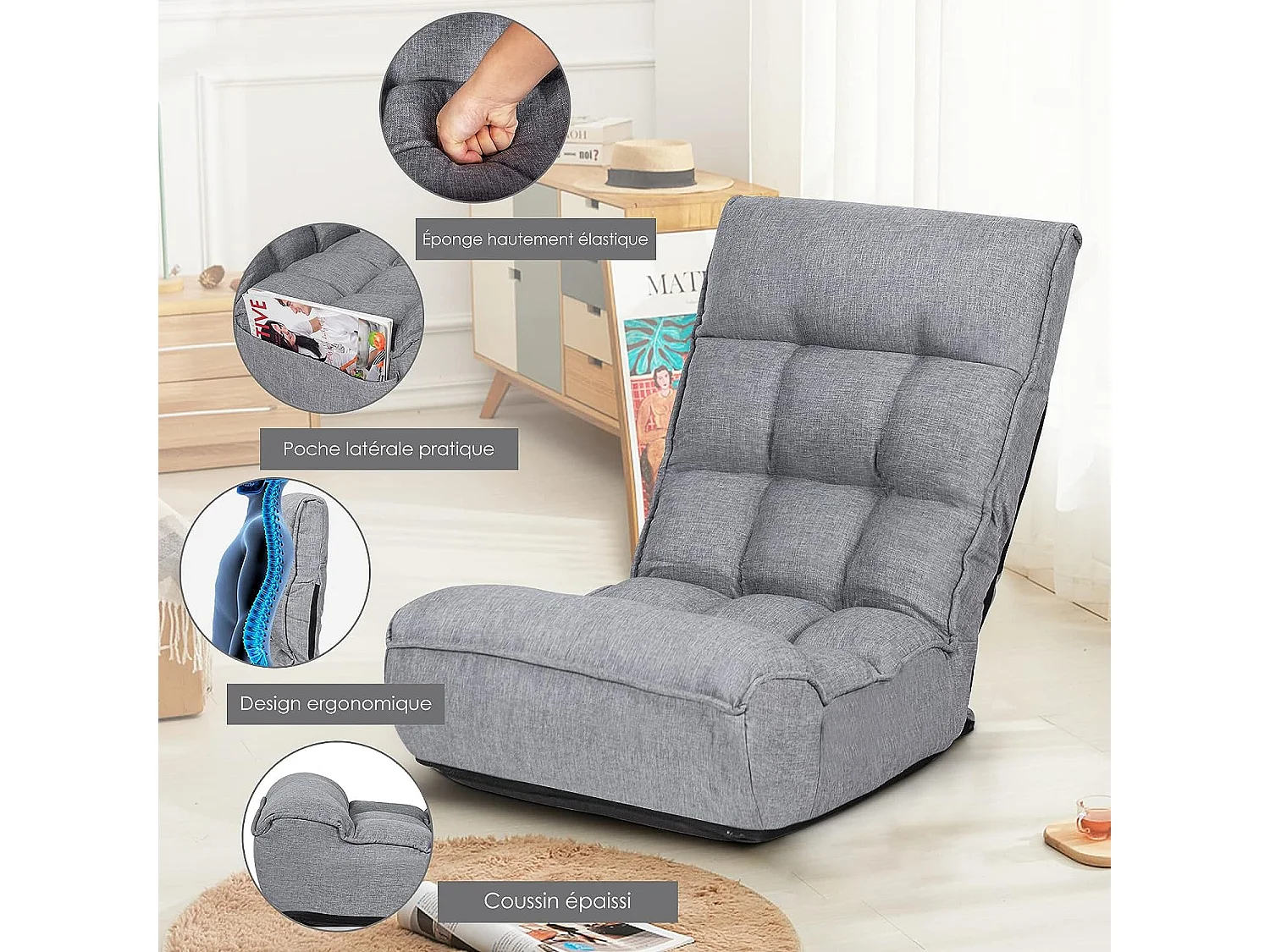 Chaise Pliable de Sol Relax - Dossier à 4 Position Réglable 90°-150° en Tissu de Lin de Style Jabonais Gris