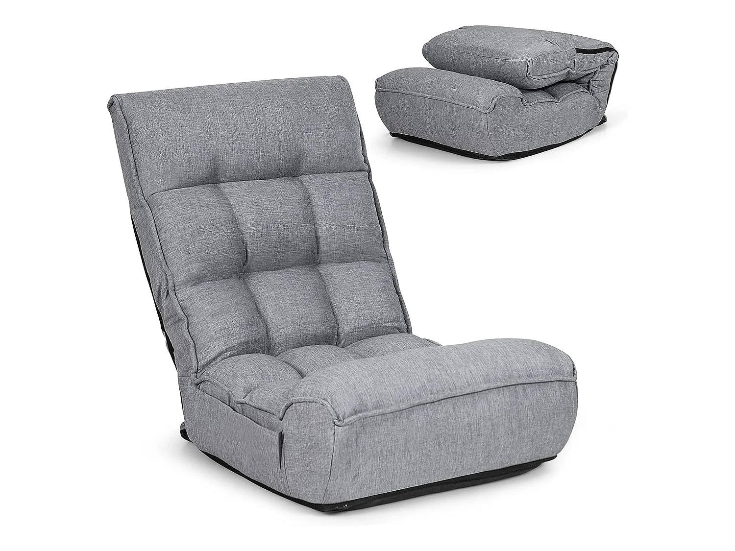 Chaise Pliable de Sol Relax - Dossier à 4 Position Réglable 90°-150° en Tissu de Lin de Style Jabonais Gris