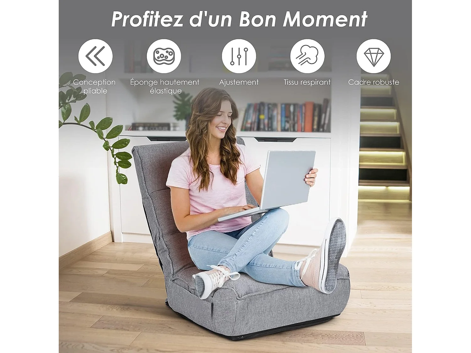 Chaise Pliable de Sol Relax - Dossier à 4 Position Réglable 90°-150° en Tissu de Lin de Style Jabonais Gris