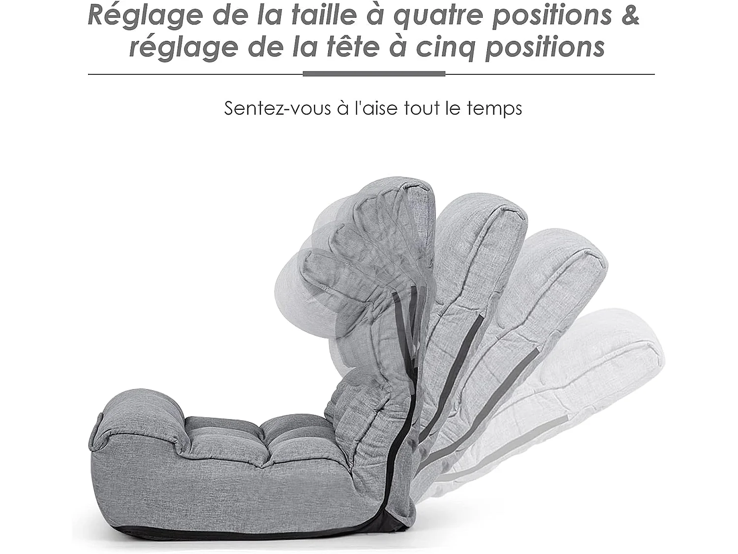 Chaise Pliable de Sol Relax - Dossier à 4 Position Réglable 90°-150° en Tissu de Lin de Style Jabonais Gris
