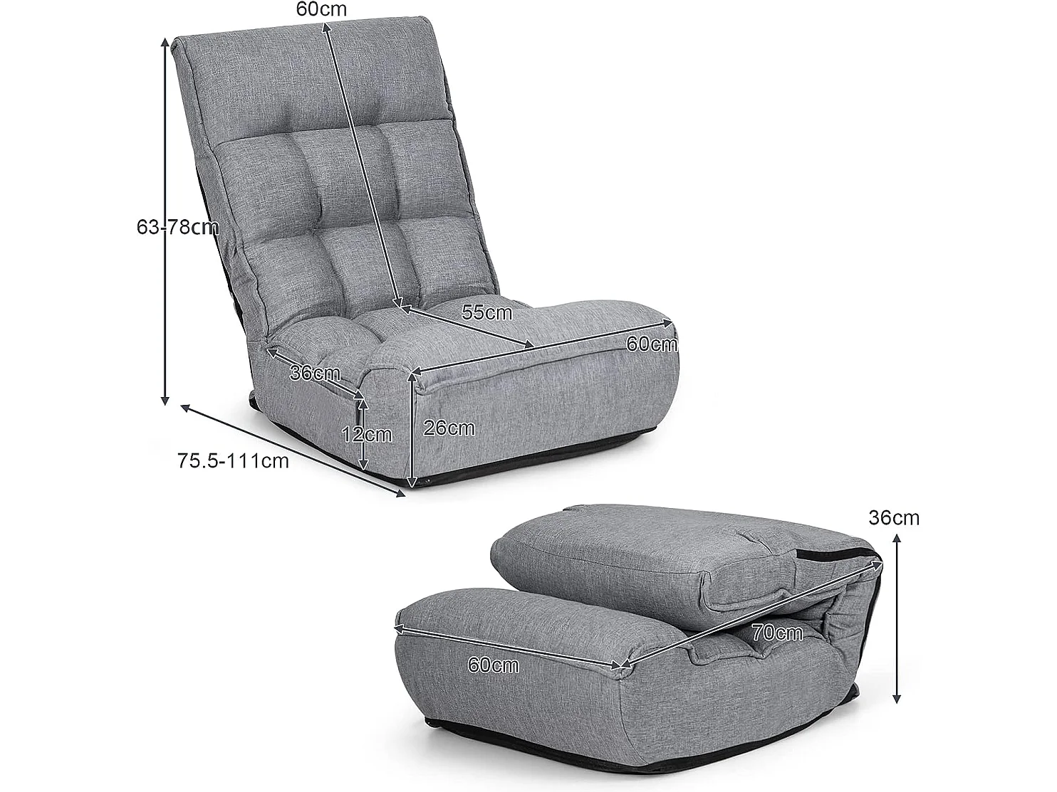 Chaise Pliable de Sol Relax - Dossier à 4 Position Réglable 90°-150° en Tissu de Lin de Style Jabonais Gris