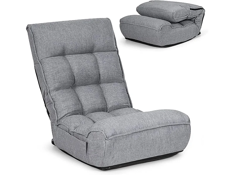 Chaise Pliable de Sol Relax - Dossier à 4 Position Réglable 90°-150° en Tissu de Lin de Style Jabonais Gris