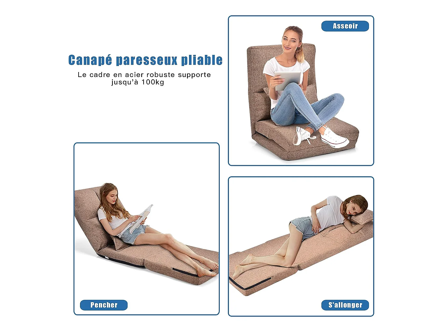 Chaise longue réglable fauteuil relax de sol matelas pliant, canapé paresseux