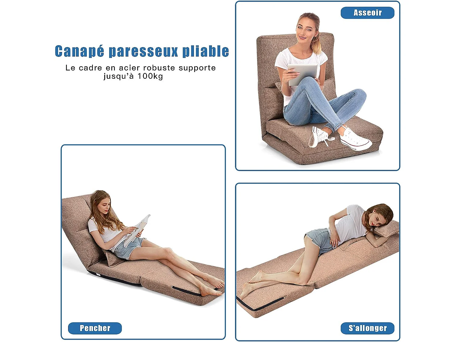 Chaise longue réglable fauteuil relax de sol matelas pliant, canapé paresseux