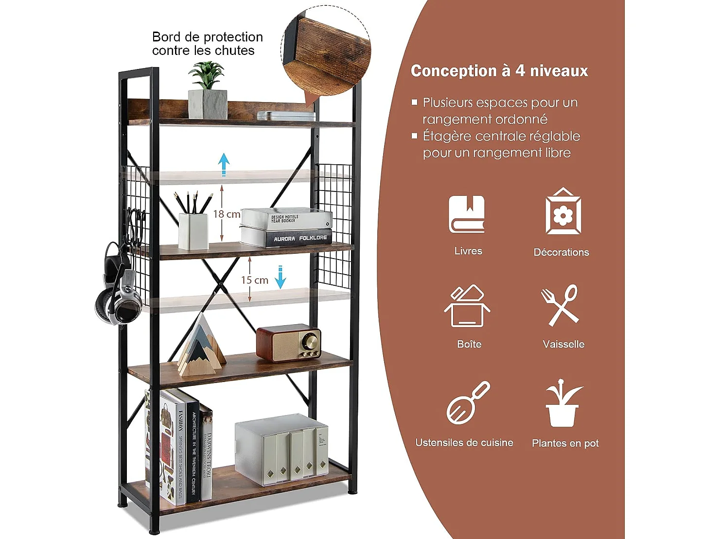 Bibliothèque industrielle à 4 niveaux, 64 x 24 x 119,5 cm, étagère de rangement avec crochets