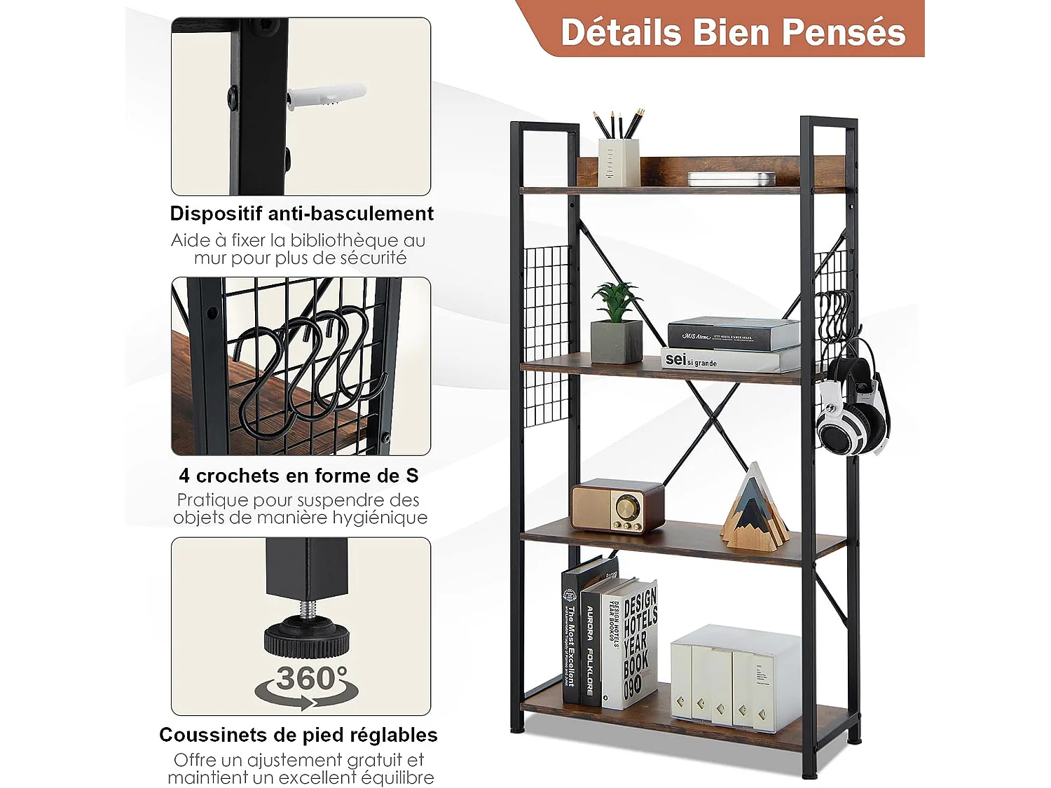 Bibliothèque industrielle à 4 niveaux, 64 x 24 x 119,5 cm, étagère de rangement avec crochets