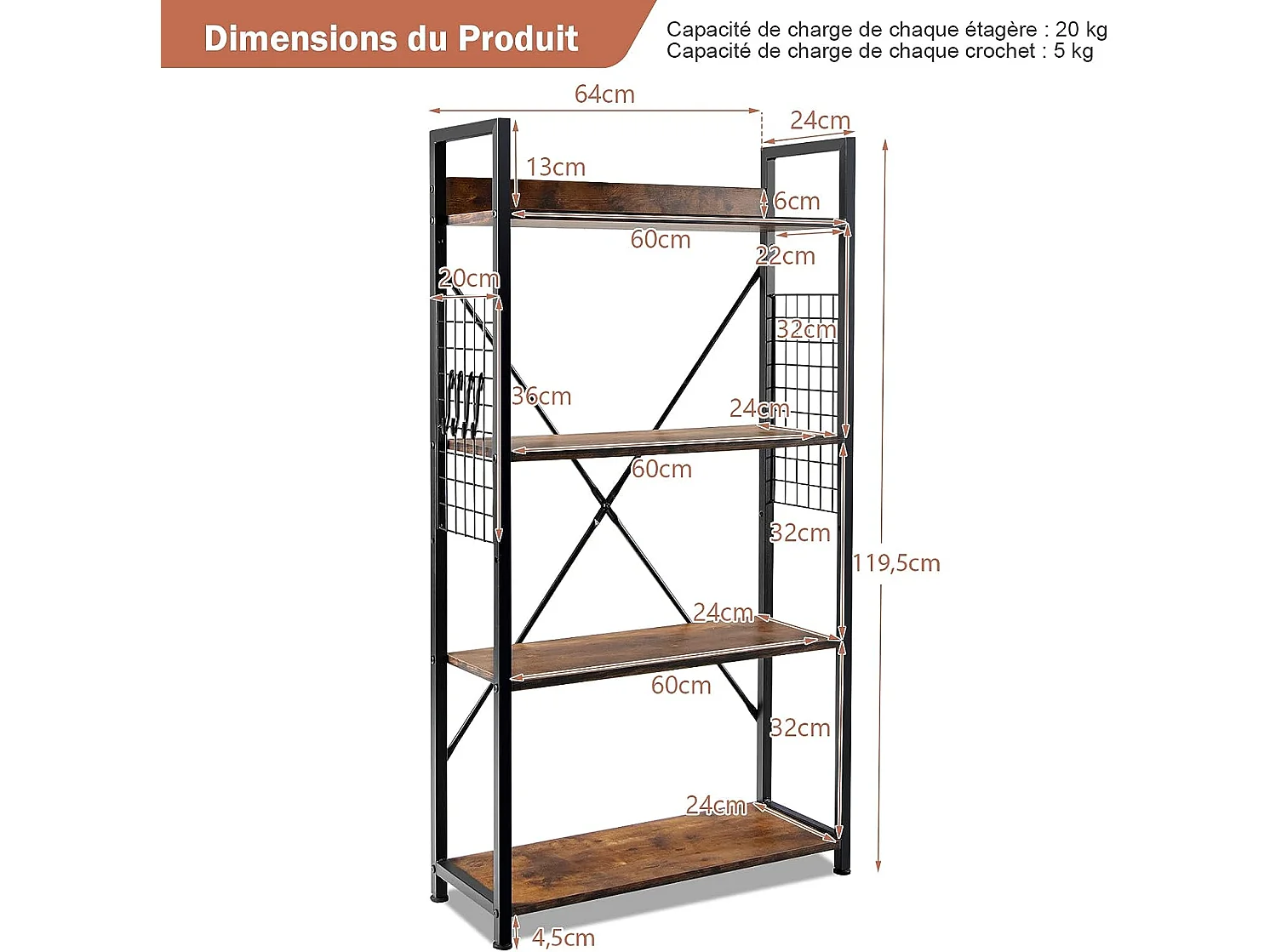Bibliothèque industrielle à 4 niveaux, 64 x 24 x 119,5 cm, étagère de rangement avec crochets