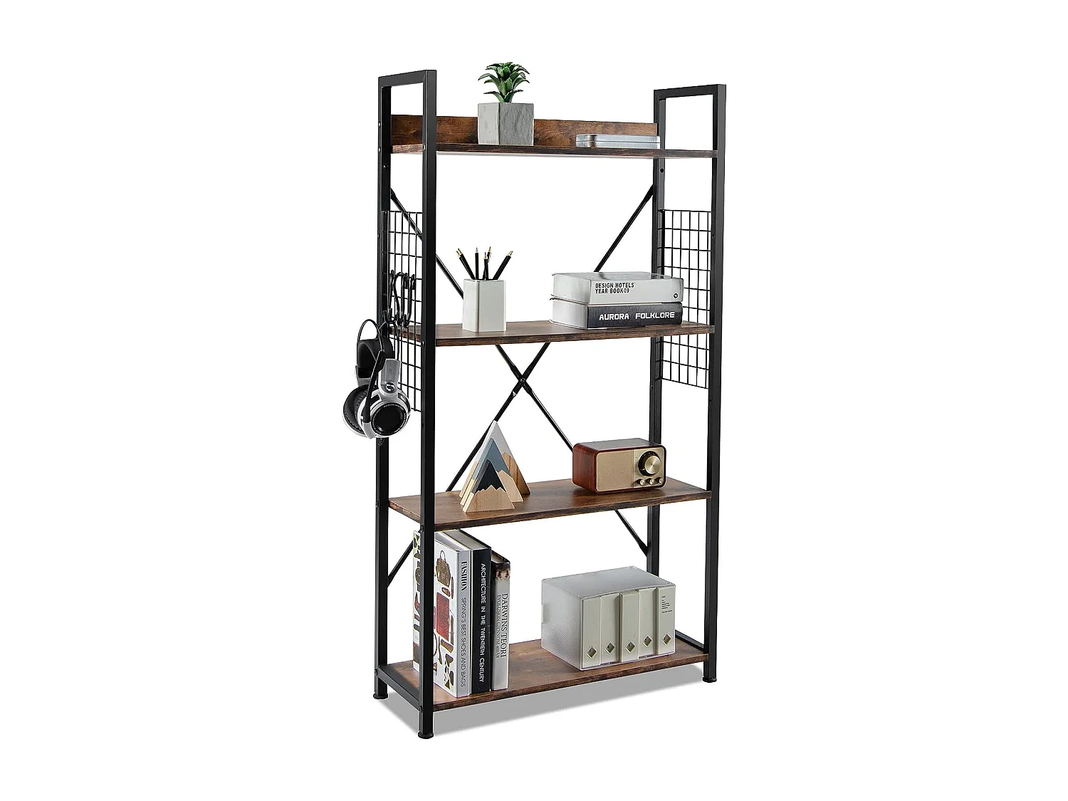 Bibliothèque industrielle à 4 niveaux, 64 x 24 x 119,5 cm, étagère de rangement avec crochets