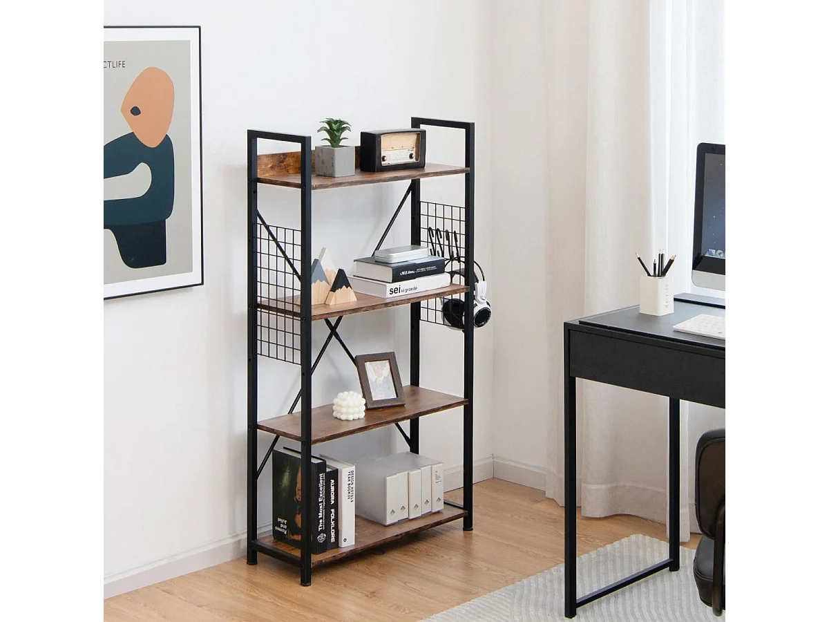 Bibliothèque industrielle à 4 niveaux, 64 x 24 x 119,5 cm, étagère de rangement avec crochets