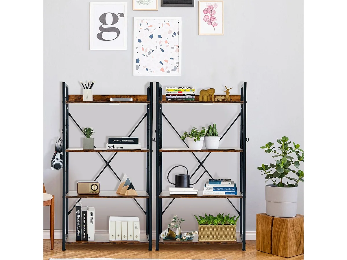 Bibliothèque industrielle à 4 niveaux, 64 x 24 x 119,5 cm, étagère de rangement avec crochets