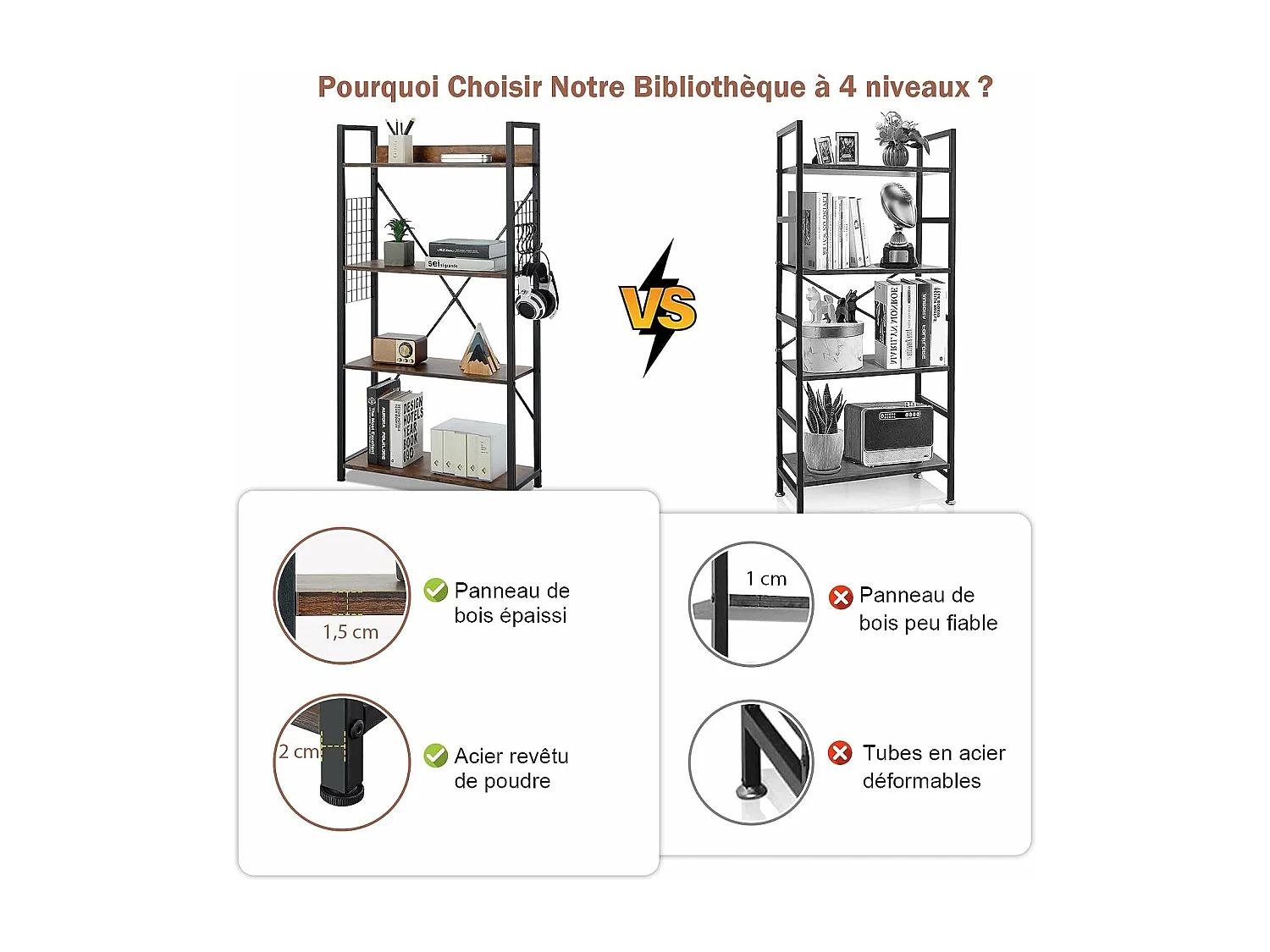 Bibliothèque industrielle à 4 niveaux, 64 x 24 x 119,5 cm, étagère de rangement avec crochets