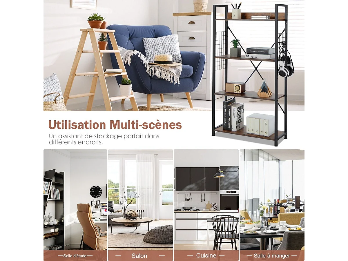 Bibliothèque industrielle à 4 niveaux, 64 x 24 x 119,5 cm, étagère de rangement avec crochets