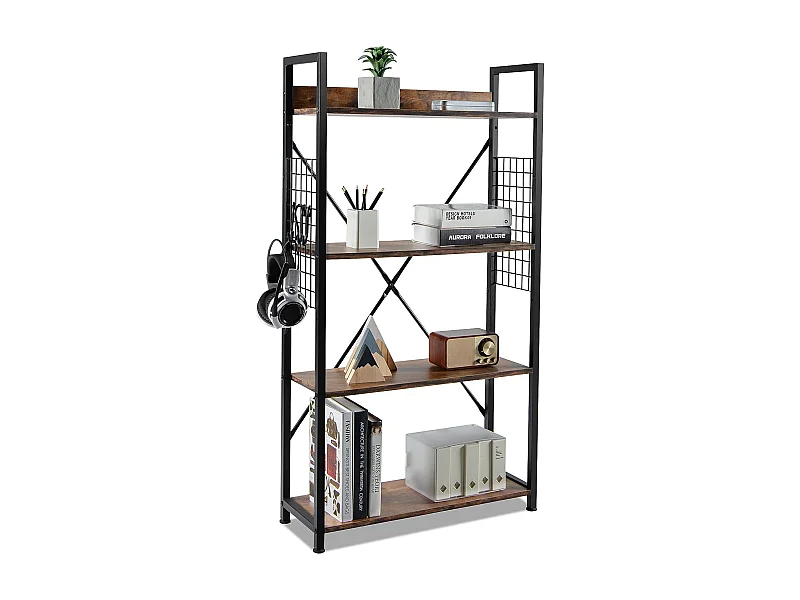 Bibliothèque industrielle à 4 niveaux, 64 x 24 x 119,5 cm, étagère de rangement avec crochets