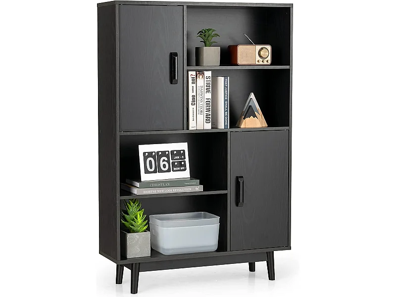 Bibliothèque, étagère à 4 niveaux avec 2 portes, meuble de rangement avec patins anti