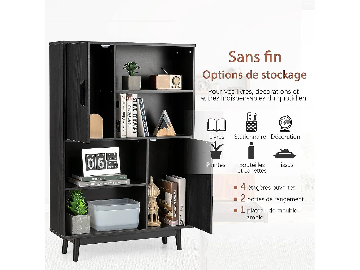 Bibliothèque, étagère à 4 niveaux avec 2 portes, meuble de rangement avec patins anti